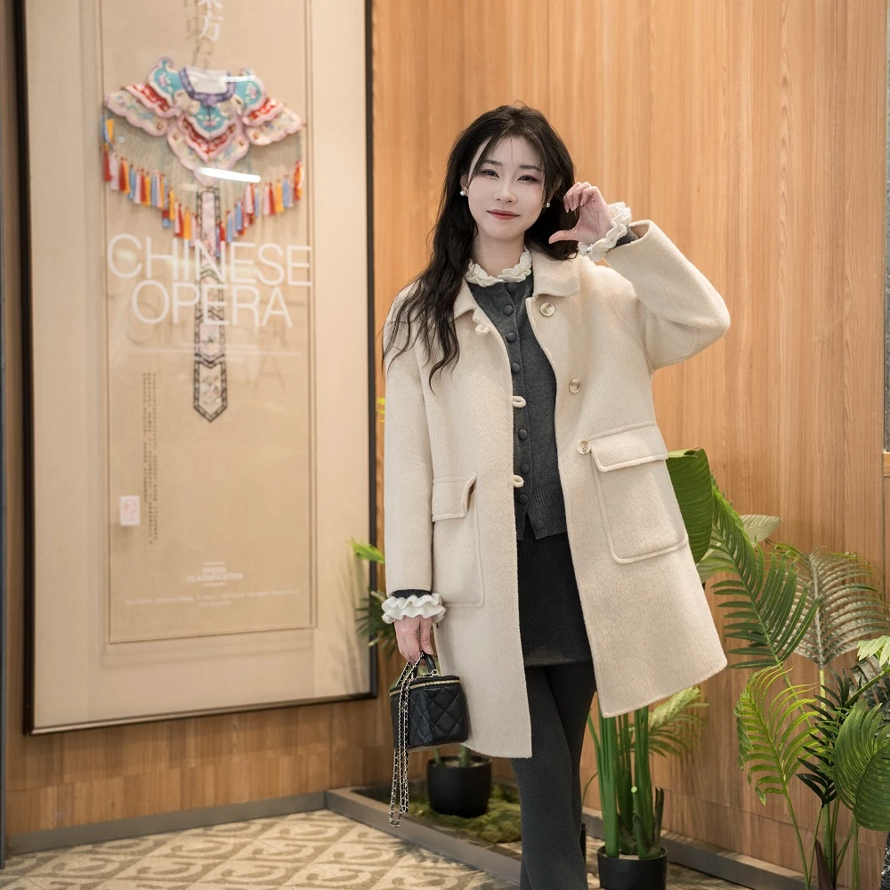 2025秋冬新款气质小个子宽松中长款时尚娃娃领显高双面大衣19114