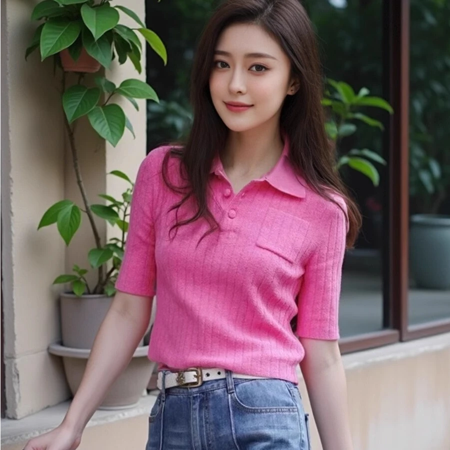 【商场同款】春夏新款POLO翻领短袖针织衫T恤上衣女士摩登猫138022