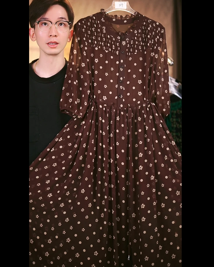 C68咖色波点碎花XW1宽松连衣裙女装连衣裙显瘦长款