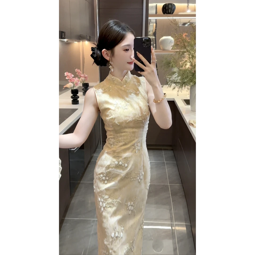 【金陵】2025新款新中式国风夏季钉珠贵气连衣裙子女装收腰显瘦长裙