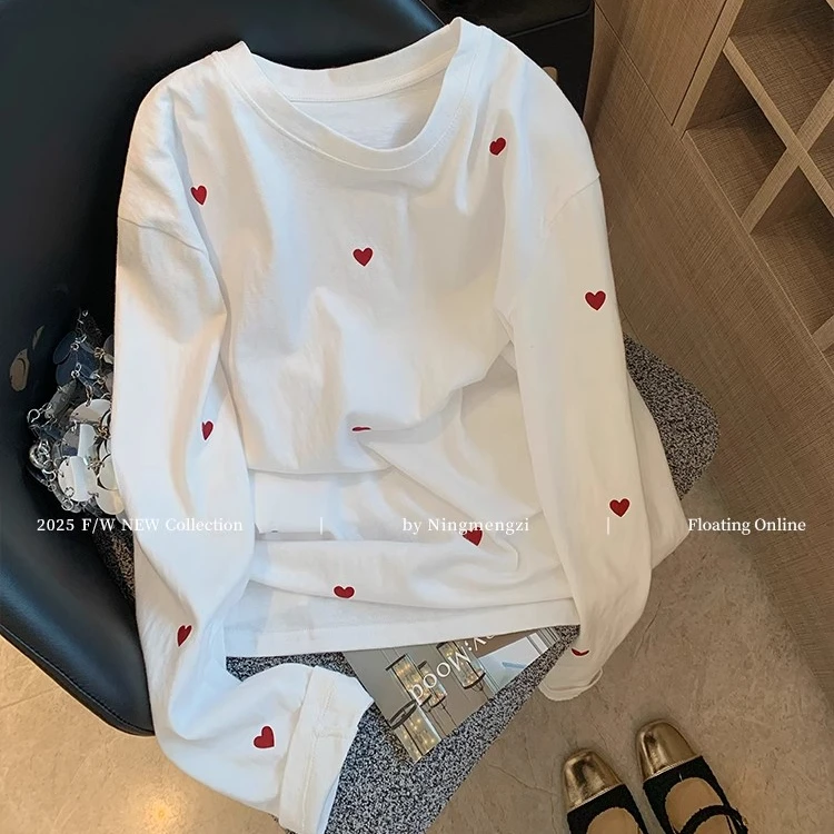 【胖妹妹】大码240斤设计感白色爱心印花长袖T恤女韩系宽松减龄上衣