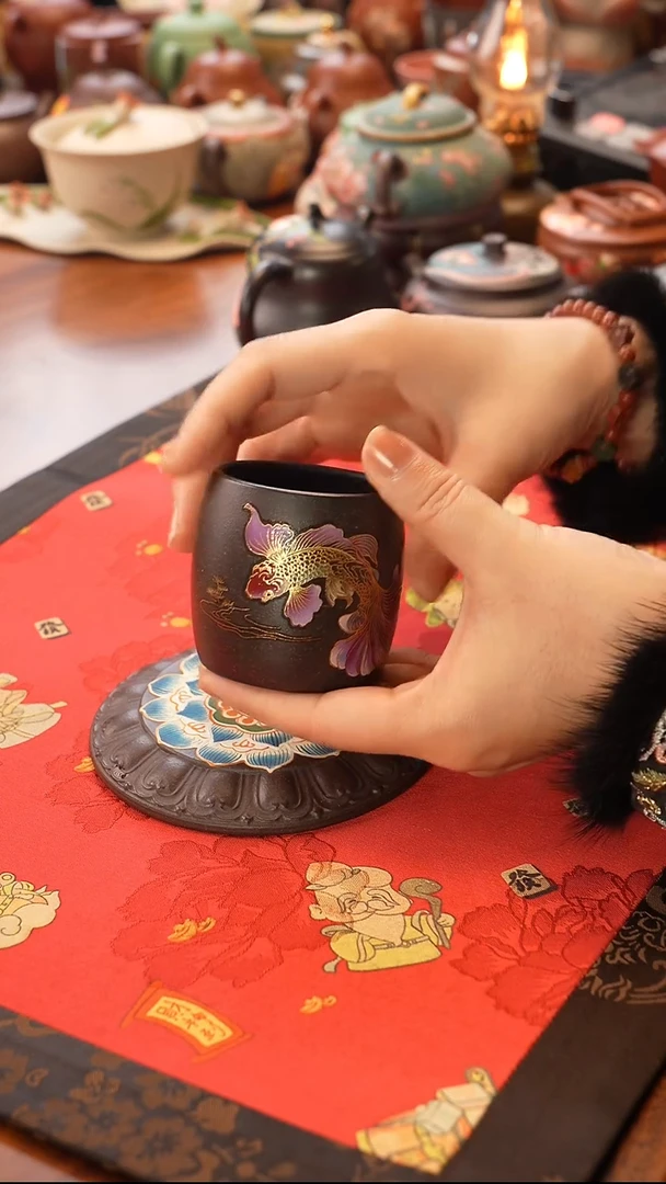 茶壶紫砂黑金砂 锦鲤杯
