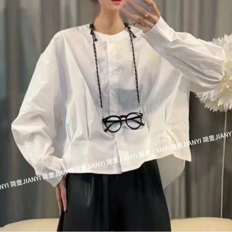 2025秋季新款收腰压褶遮肉显瘦白色衬衣时尚气质宽松长袖上衣女