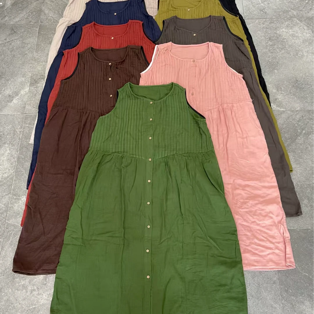 100%纯棉双层棉纱风琴褶原创文艺无袖背心开衫连衣裙