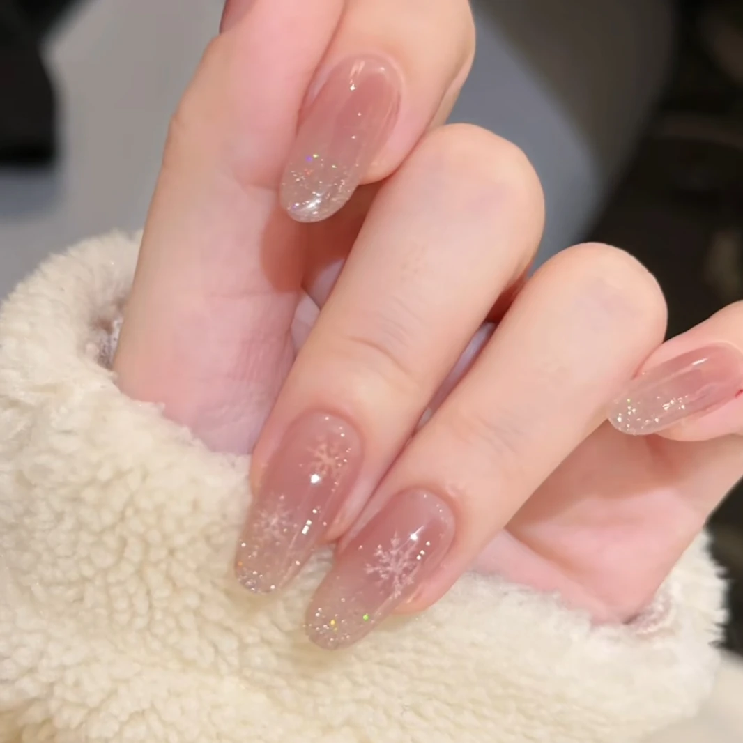 【瑞雪丰年】秋冬裸色雪花猫眼美甲穿戴甲中长款高级感日常气质美甲