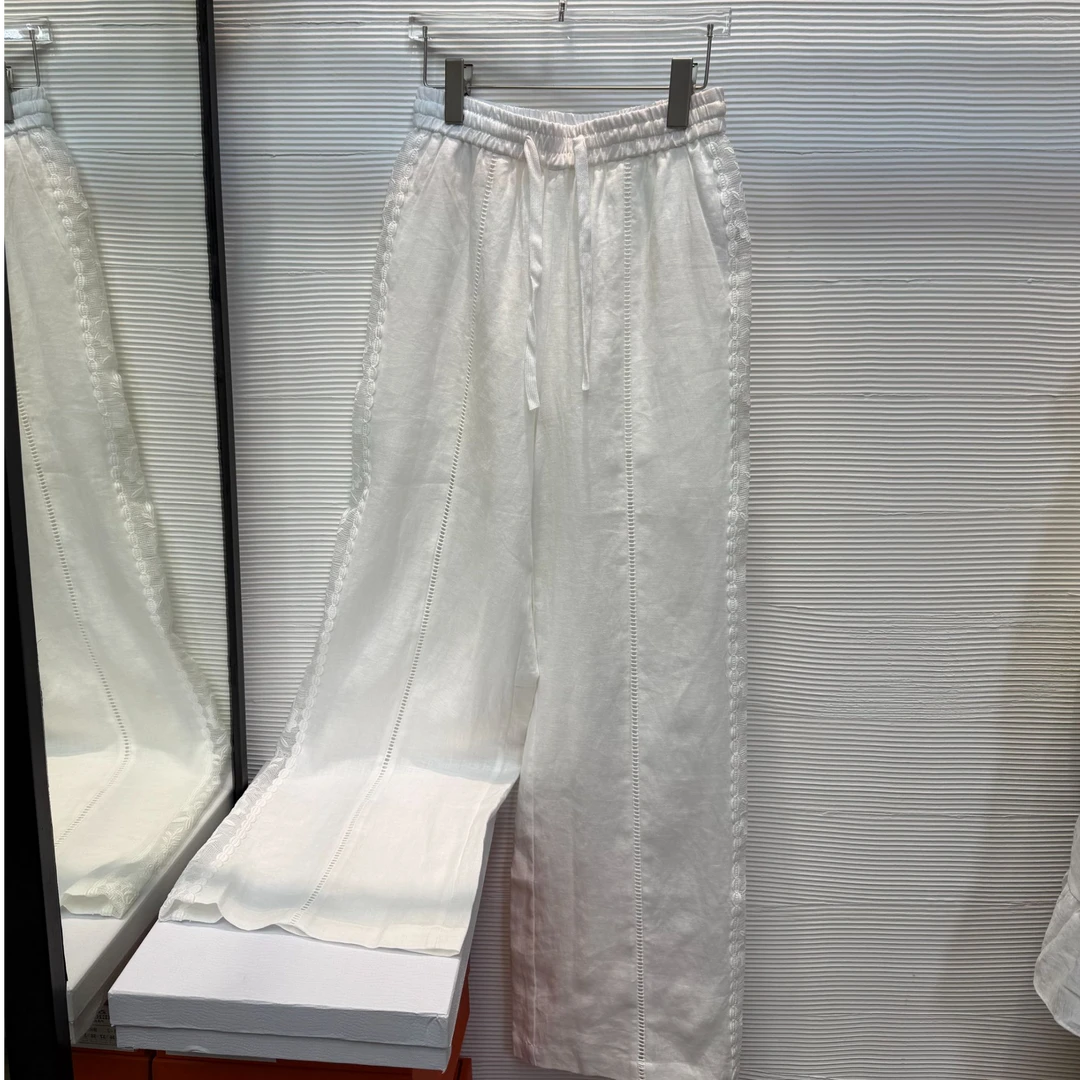 88807#慵懒风松弛感白色亚麻裤 镂空蕾丝拼接松紧腰亚麻休闲裤