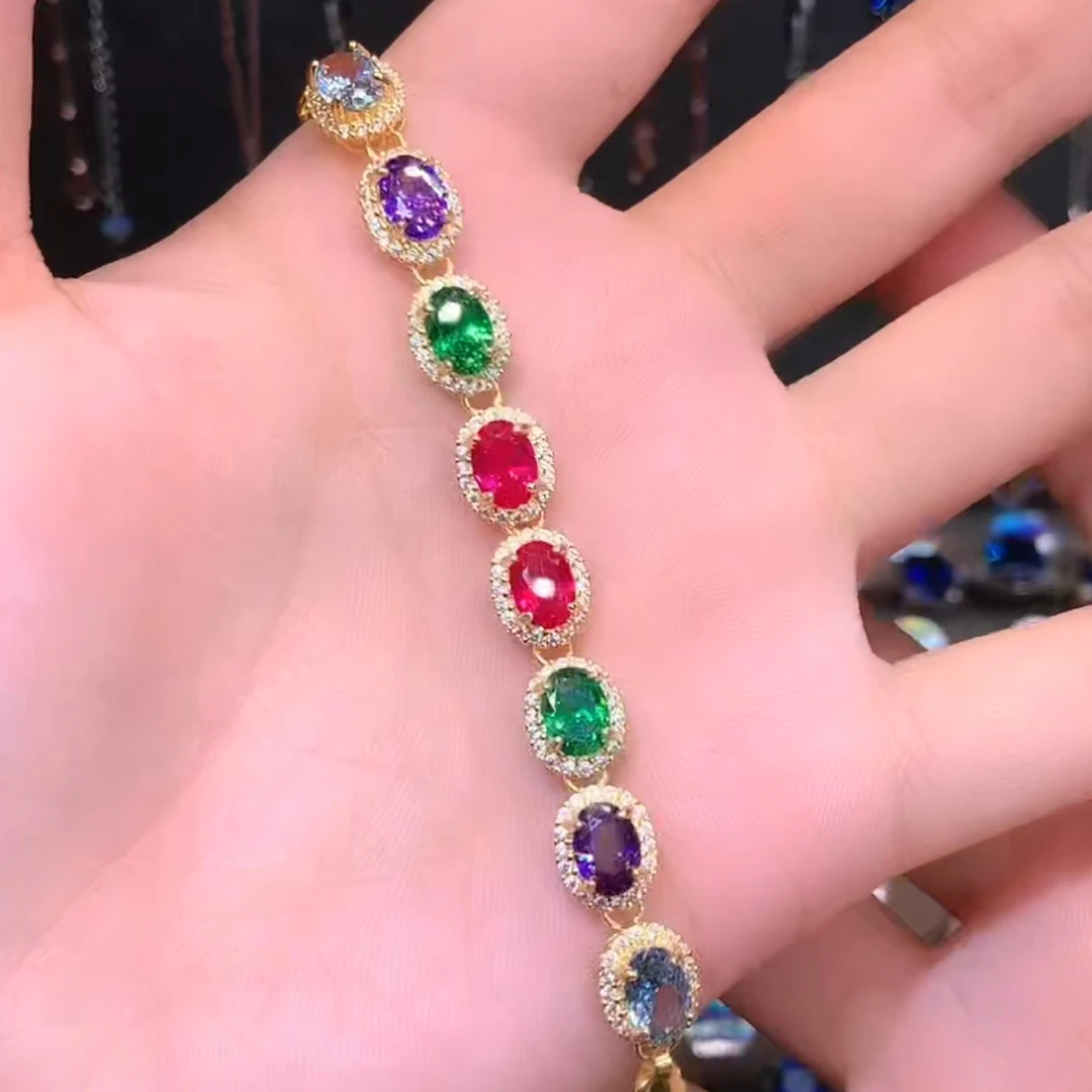 蓝宝石S925银镶金色手链