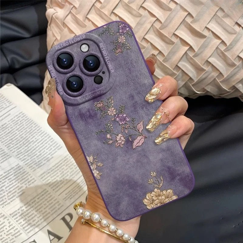 适用苹果16promax手机壳新款文艺复古花iPhone15简约爆款全包防摔