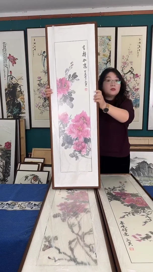 国画35*120牡丹实木装裱