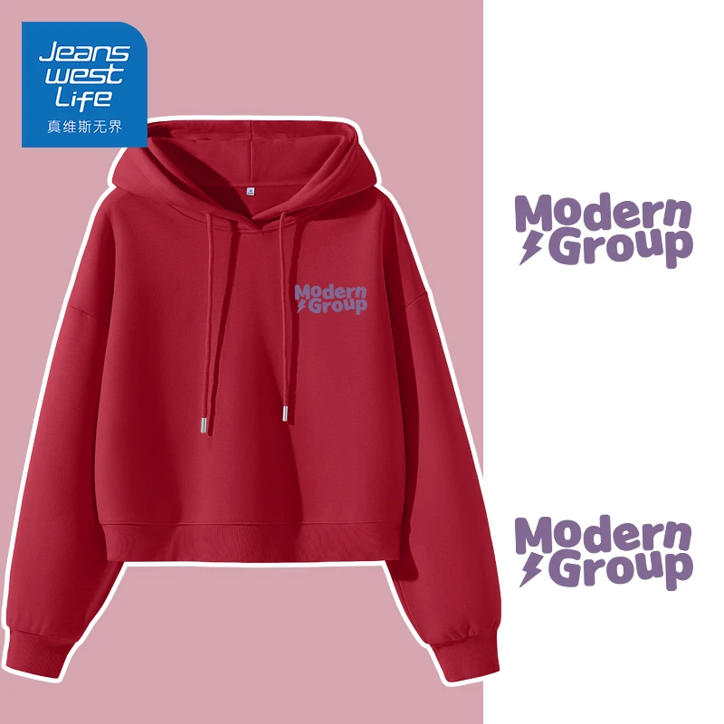 真维斯无界春秋款连帽短款字母印花卫衣女车厘子红小众独特气质款