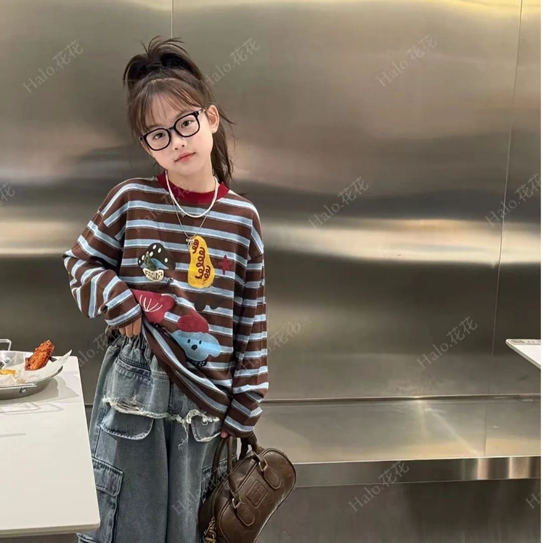 PEACH2026新款条纹印花儿童T恤圆领韩版