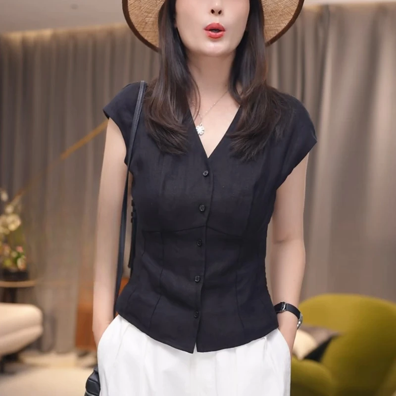 小个子文艺短款苎麻衬衫女2025夏季新款短袖小衫显瘦时尚百搭上衣