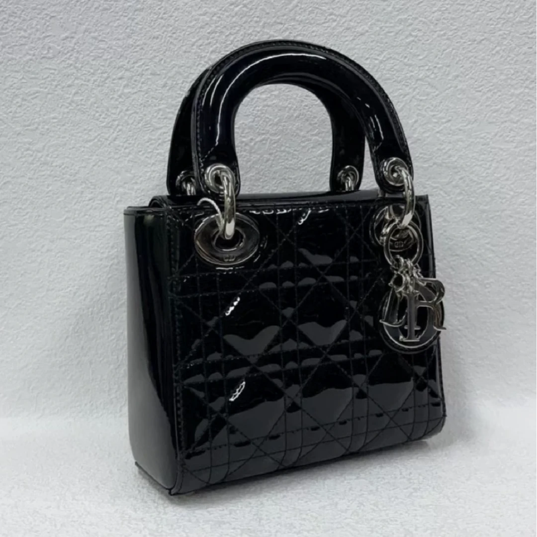 99新 DIOR/迪奥 Dior迪奥戴妃黑银漆皮小羊皮迷你