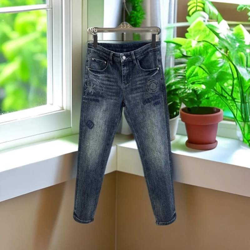 娜罗普西时尚休闲百搭男士牛仔裤秋季新款字母刺绣水洗修身小脚裤