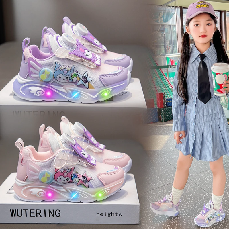 ABC女童带灯库洛米公主鞋亮灯网面春秋女孩发光纽扣儿童运动鞋子