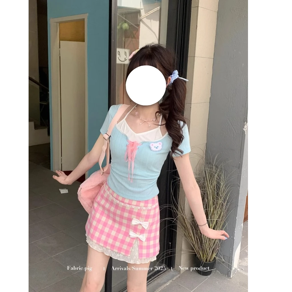 【桃桃曼波】甜美风多巴胺格纹半身短裙上衣套装显瘦针织辣妹高腰ol