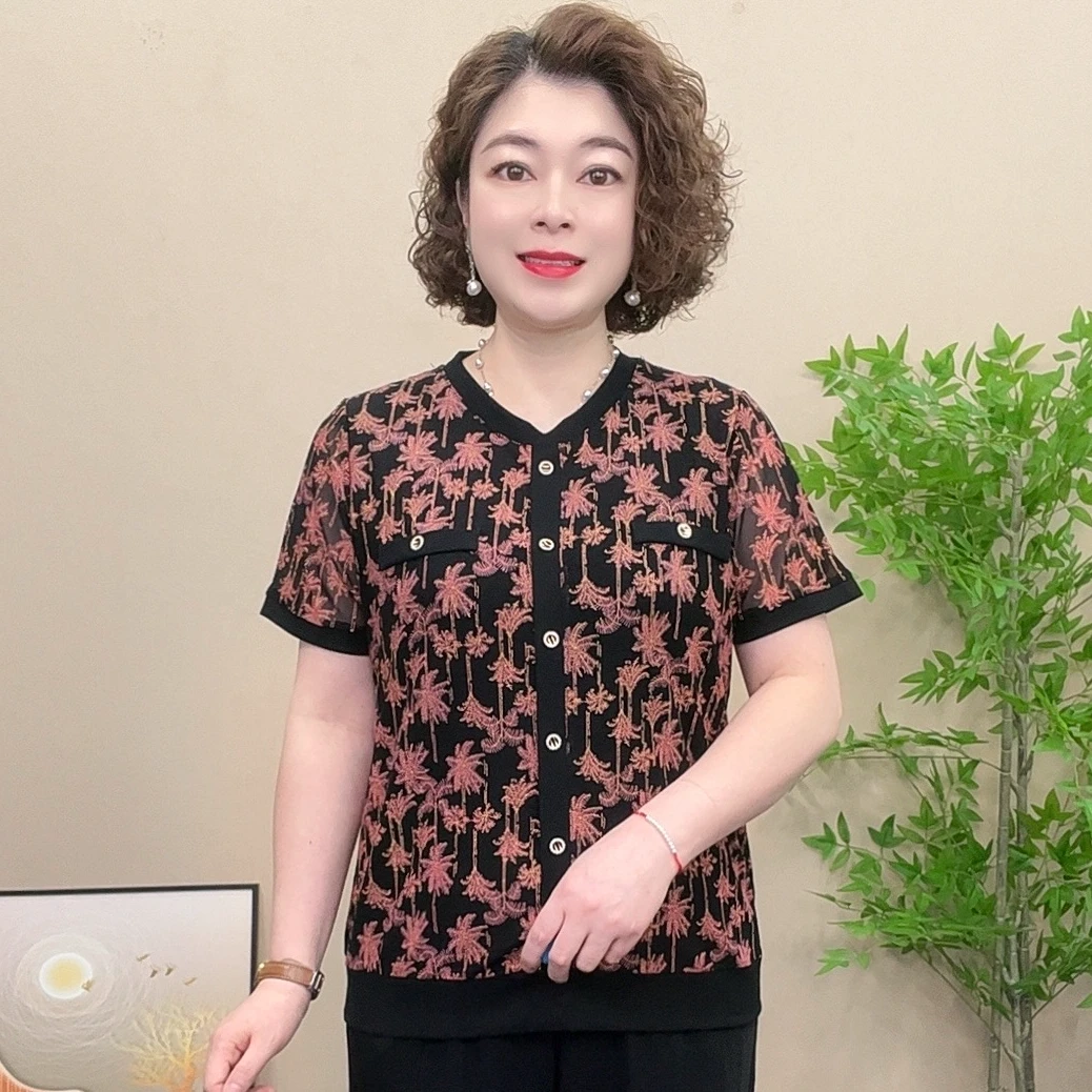 短袖洋气中年小衫宽松夏装时尚气质网纱薄款妈妈装圆领弹力小香风