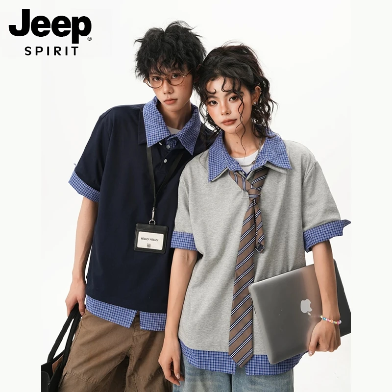 JEEPSPIRIT美式条纹休闲格纹Polo短袖T恤男女夏潮牌百搭宽松