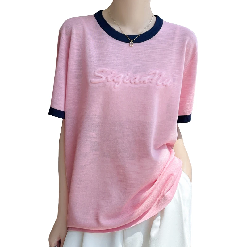 竹节麻拼色圆领立体字母短袖t恤女25夏季新款百搭薄款打底衫上衣