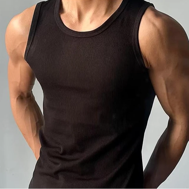 夏季美式运动背心嘻哈重磅棉粗螺纹紧身肌肉健身打底男士T恤潮