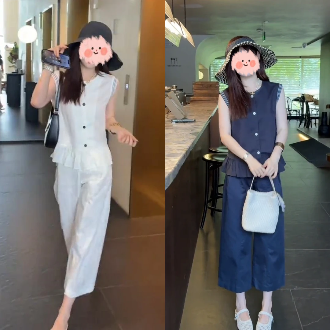 欧洲站小香风单排扣圆领无袖马甲衬衫女2025夏季百搭小个子上衣潮