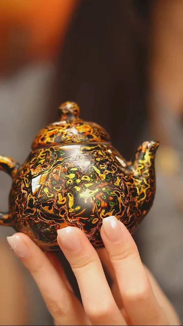 小***食@黑金密文犀皮蛋壳茶壶@大漆非遗