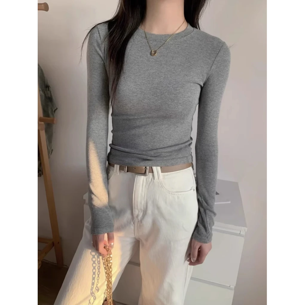 秋冬美式白色正肩小衫长袖t恤女磨毛加薄绒内搭打底修身百搭上衣