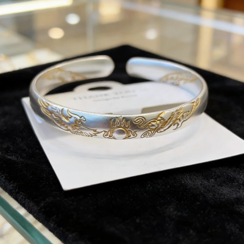 足银手镯 足银999.9 10 龙凤戏珠镯 女款时尚镯子