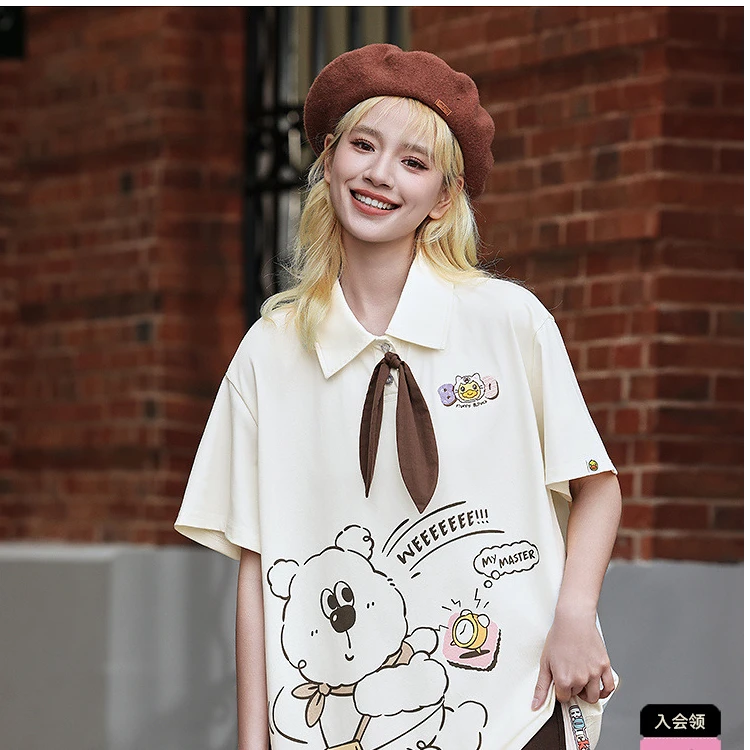 【萌宠动物城】B.Duck小黄鸭2025夏季学院风领结印花短袖POLO衫女