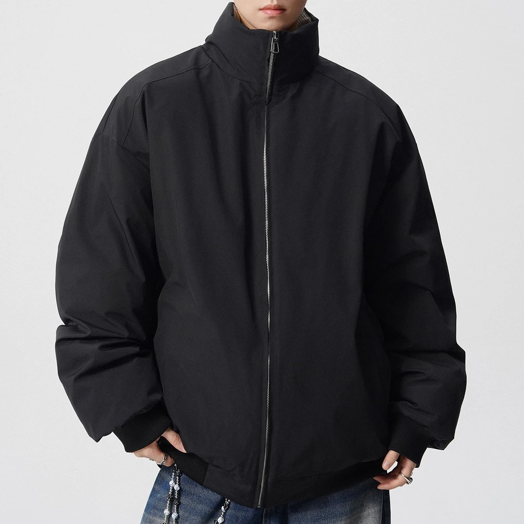 美式重磅千鸟格拼接立领棉衣男冬季保暖加厚情侣宽松休闲棉服外套