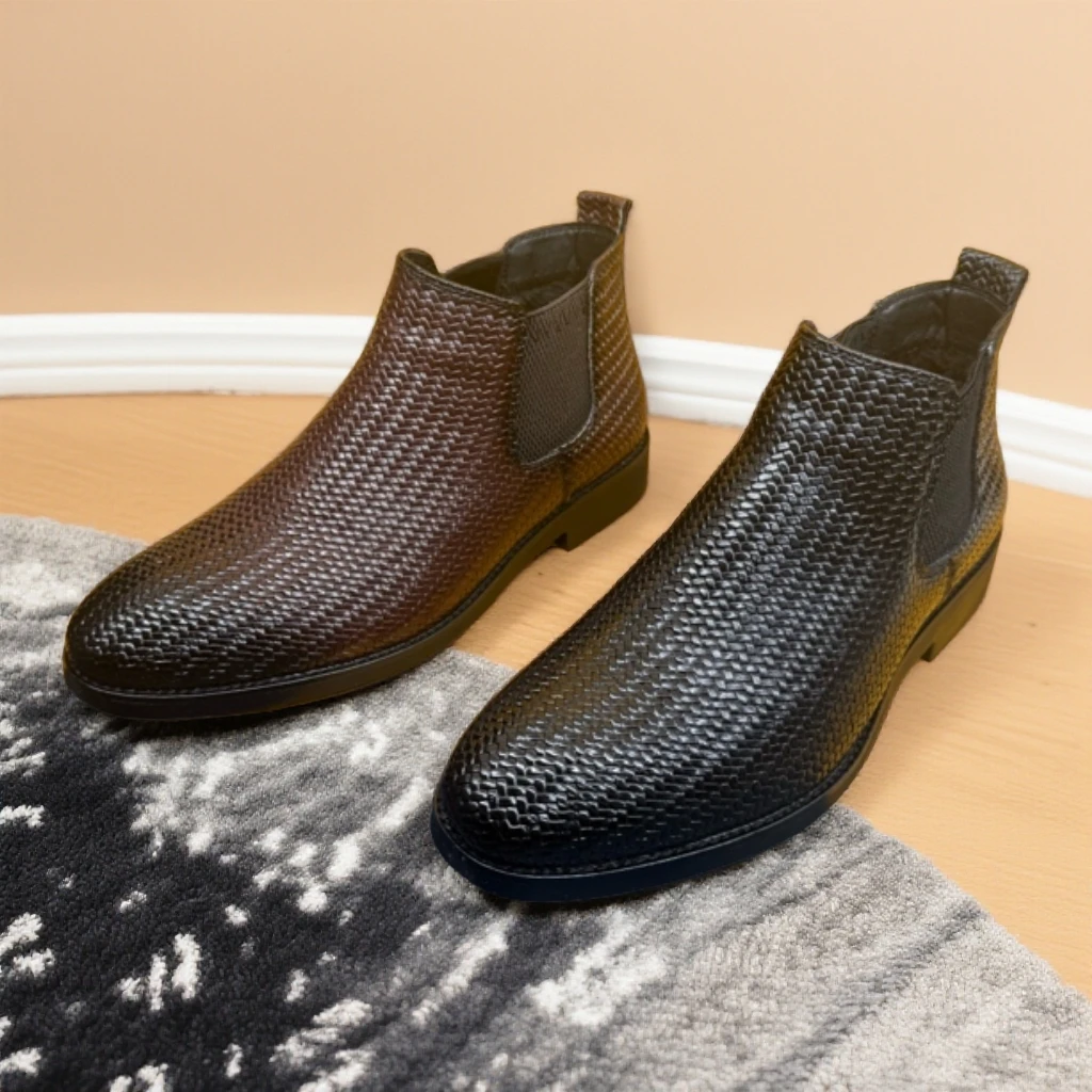 男士高帮皮鞋真皮切尔西靴全牛皮手工编织英伦商务休闲冬季短靴