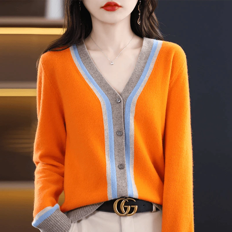 秋冬新款羊毛开衫V领长袖领口撞色百搭显瘦针织外套  LS-黄开衫