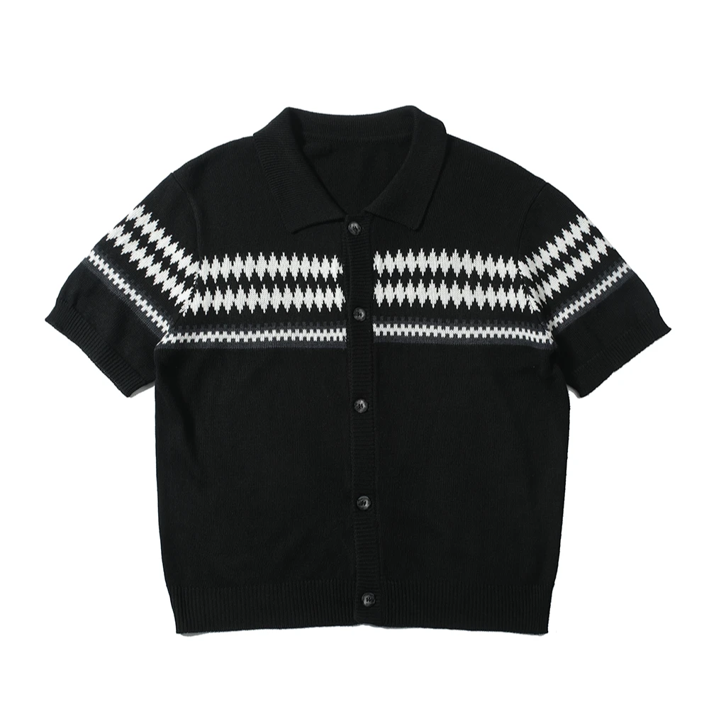 TZkiller JacquardWool提花条纹翻领宽松羊毛开衫纽扣短袖男女T恤