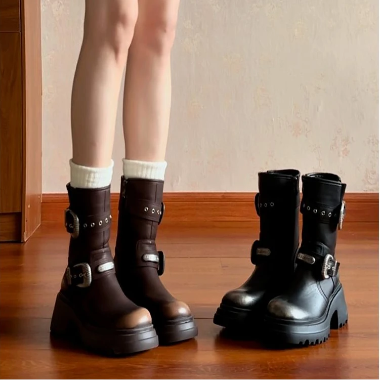 复古厚底英伦风百搭休闲马丁靴女2025秋冬季美拉德显瘦棕色短靴子