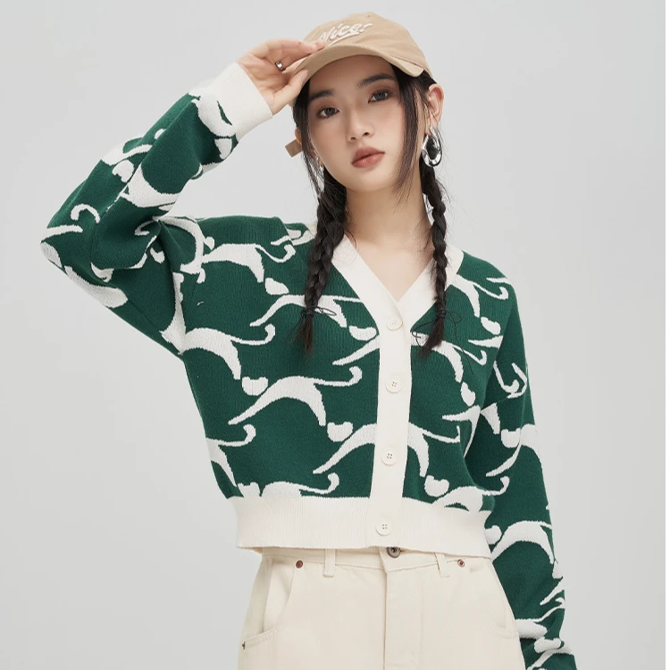 杰茜莱绿白色v领短款针织开衫女秋新款毛衣小外套 jessyline