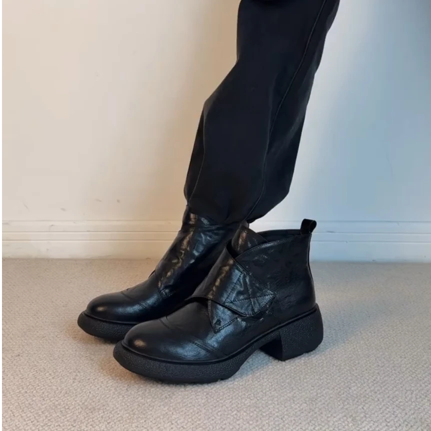 羊皮版~真皮复古厚底短靴女新款时尚增高粗跟魔术贴秋冬马丁靴子