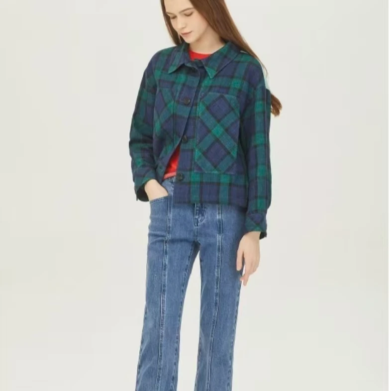 韩版休闲风新款减龄撞色格子外套