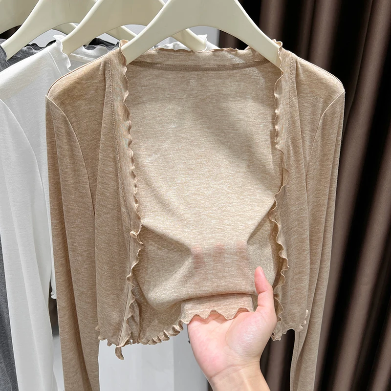 轻薄一粒扣冰丝小开衫女款针织防晒上衣韩系百搭木耳边长袖空调衫