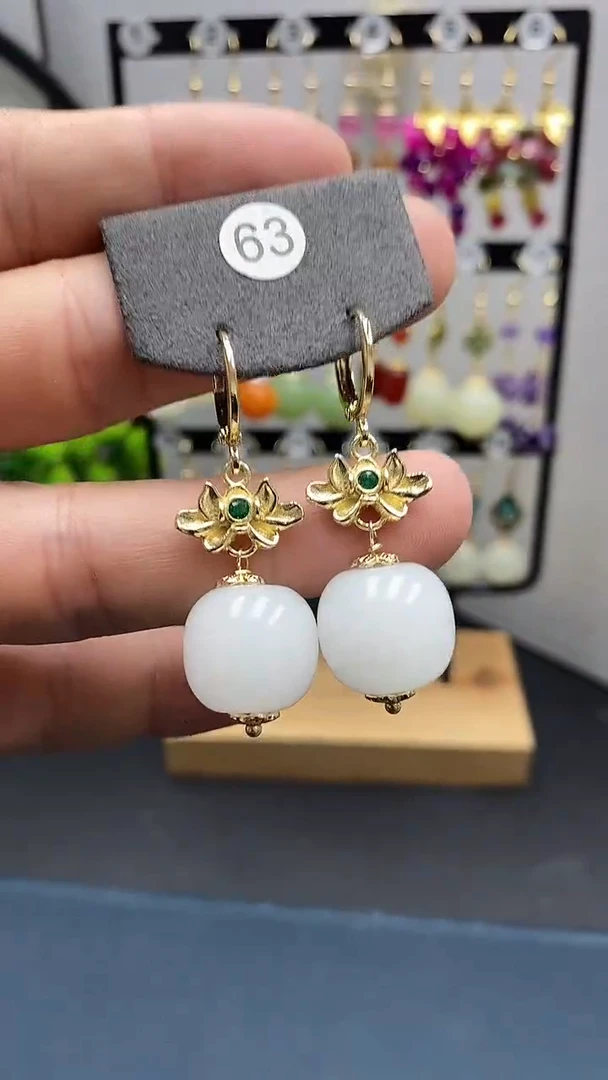 【闪购商品】和田玉耳饰银S925镀金镶嵌尺寸16mm桶珠耳扣