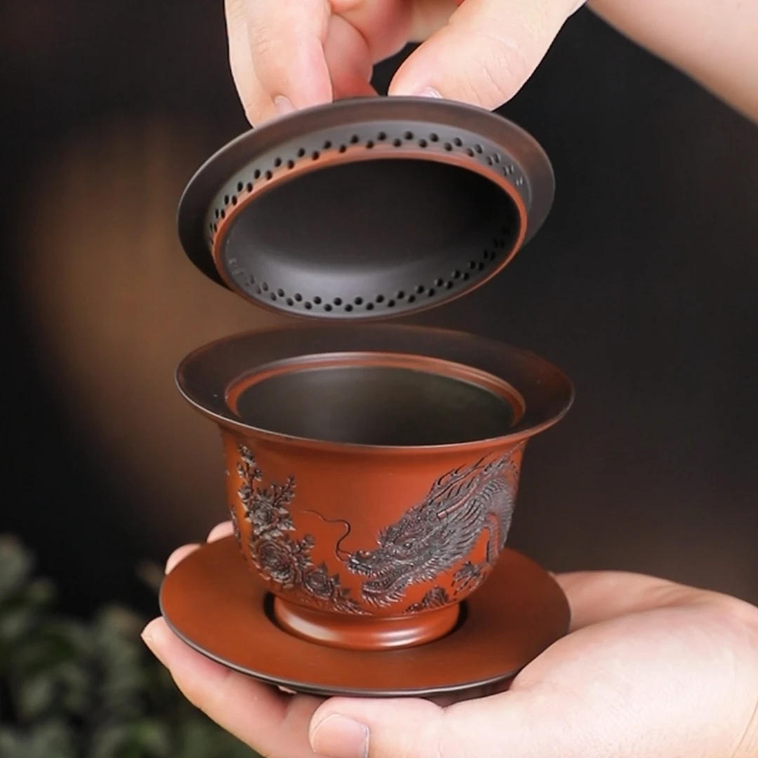 云南复烧紫陶全手工雕刻盘龙三才盖碗新中式高档家用泡茶功夫茶具