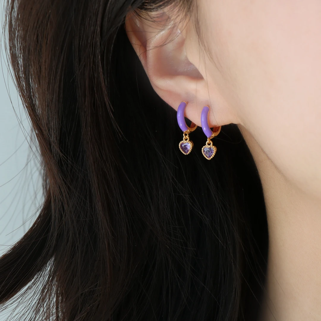 因缺斯汀饰品 铜合金耳饰 【紫色心事】紫色爱心锆石耳环双耳洞叠戴