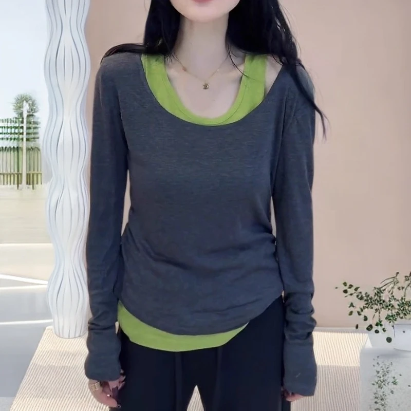 设计感露肩两件套T恤秋季新款胖MM大码女装修身显瘦拼接打底上衣