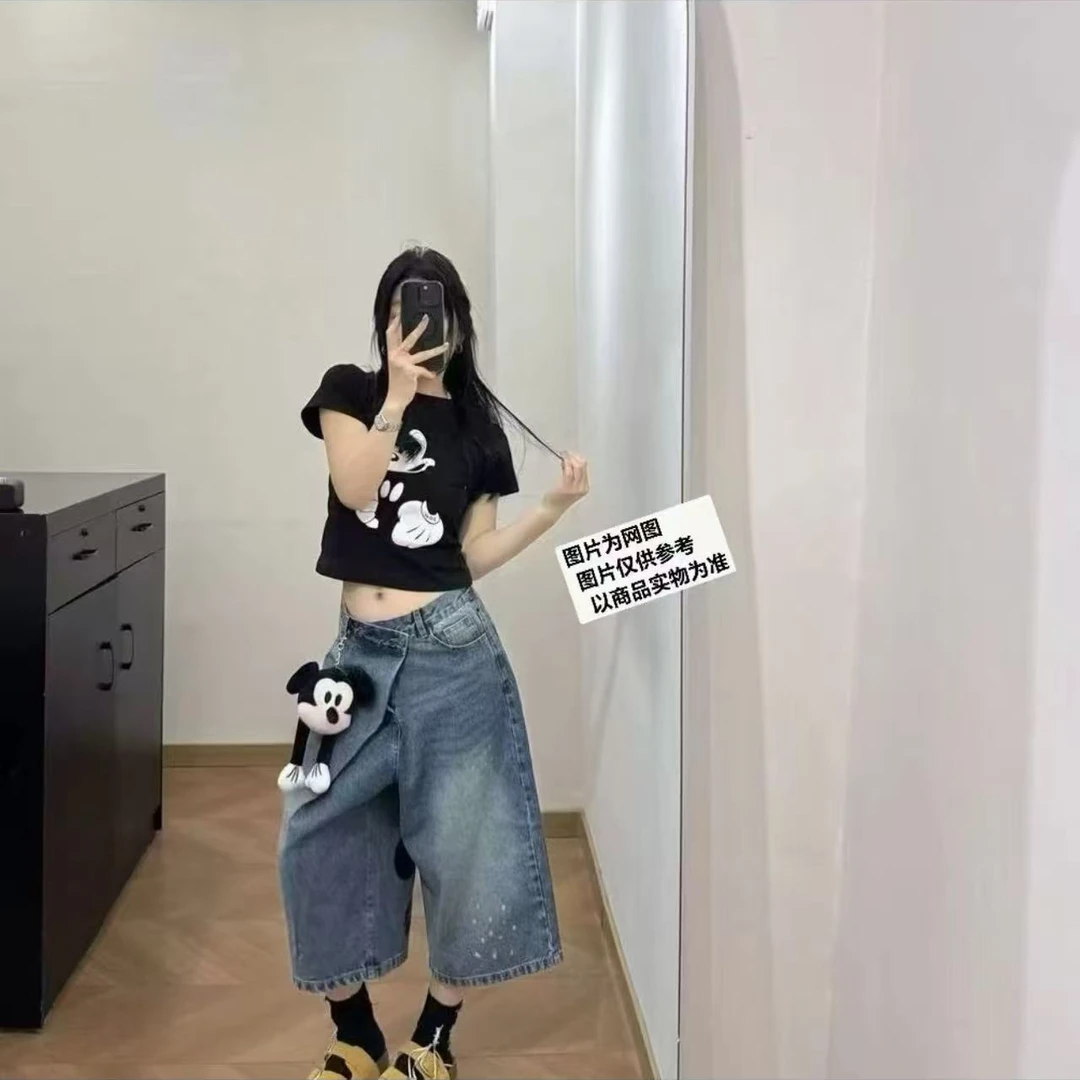 阳阳家美式复古卡通印花上衣+牛仔六分裤(送米奇)#66719-66588jmm