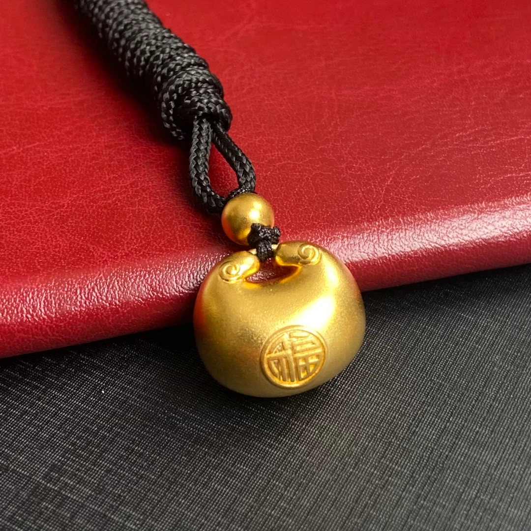 足金999真金古法金穿绳胖福吊坠