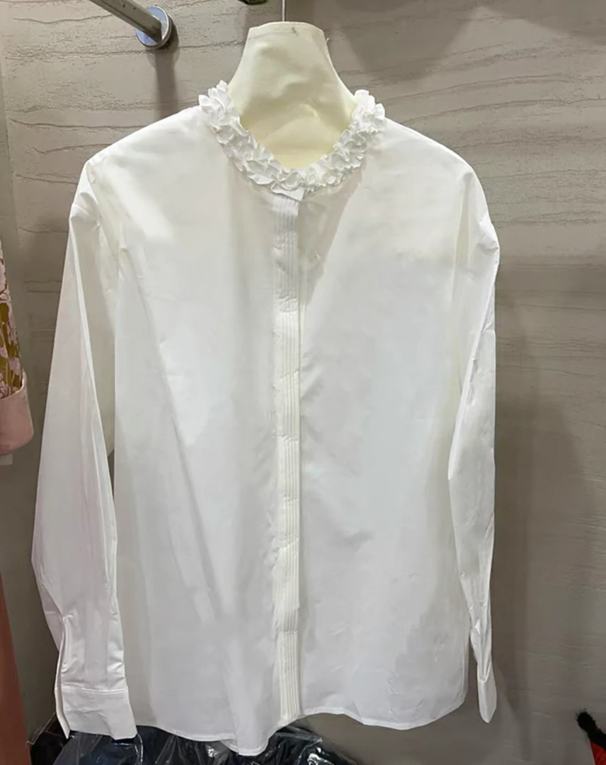 （青春洋溢1）2025春季减龄小香气质法式优雅白色宫廷风荷叶边衬衫