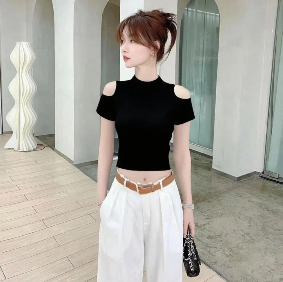 2025新款白色半高领露肩短袖T恤女春夏修身洋气短款镂空显瘦上衣