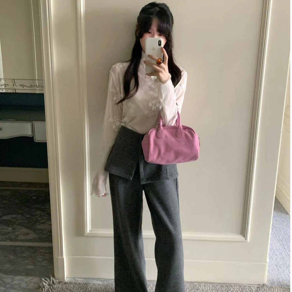简约气质显瘦时尚套装洋气休闲百搭长袖修身上衣宽松阔腿长裤女装