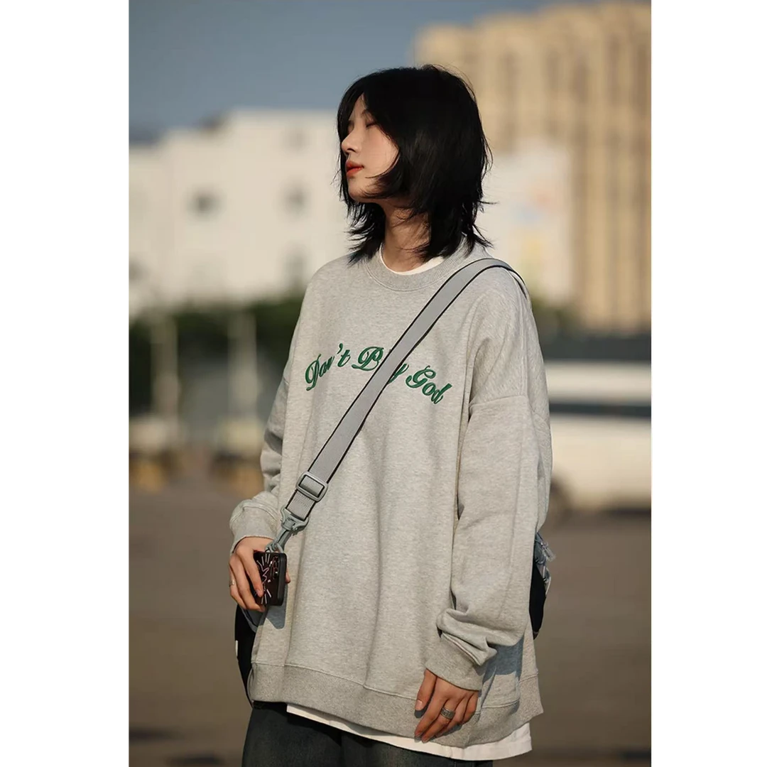字母印花圆领卫衣男女宽松长袖打底衫日系休闲套头外套-az16
