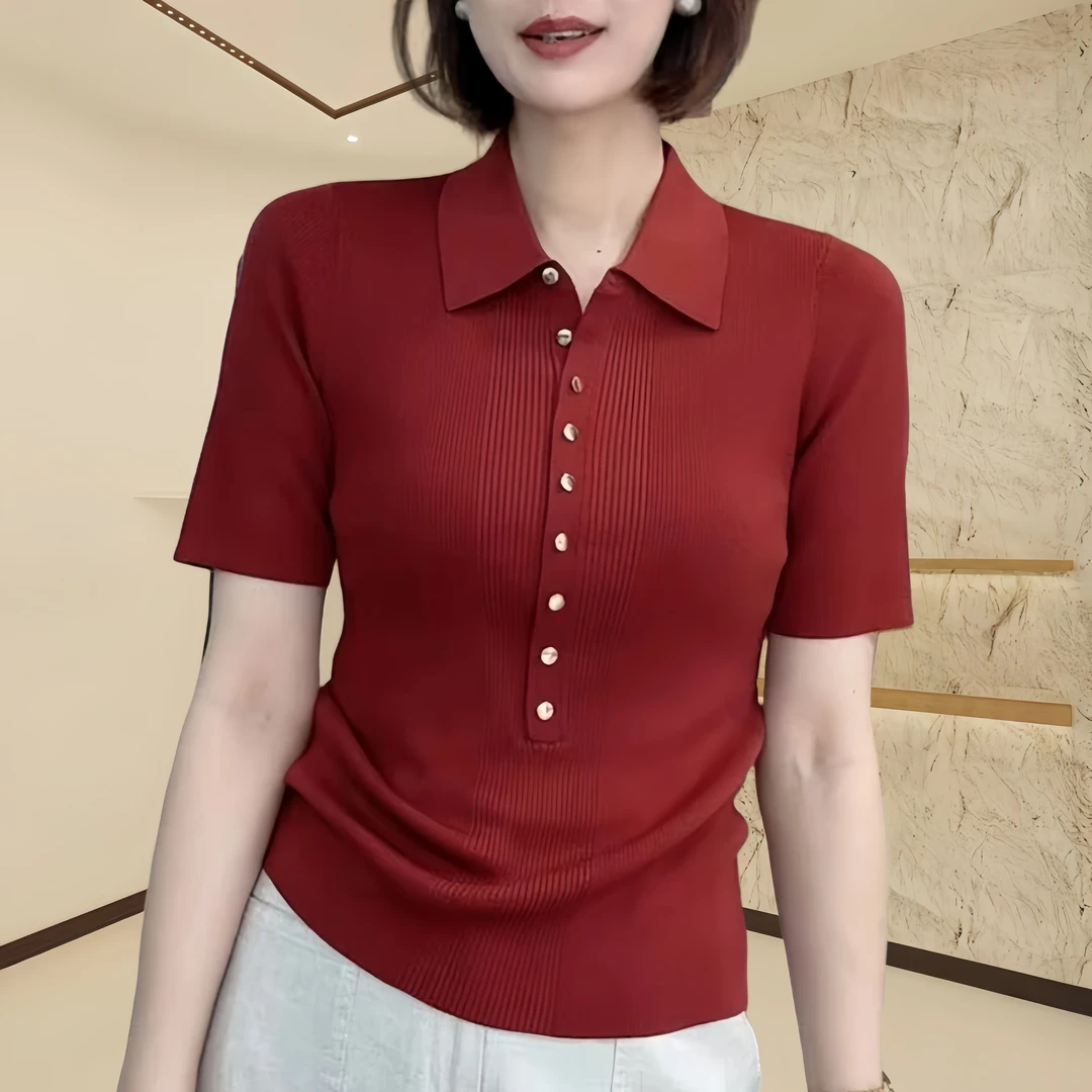 夏季气质时尚通勤百搭针织上衣精致妈妈休闲polo领气质翻领上衣