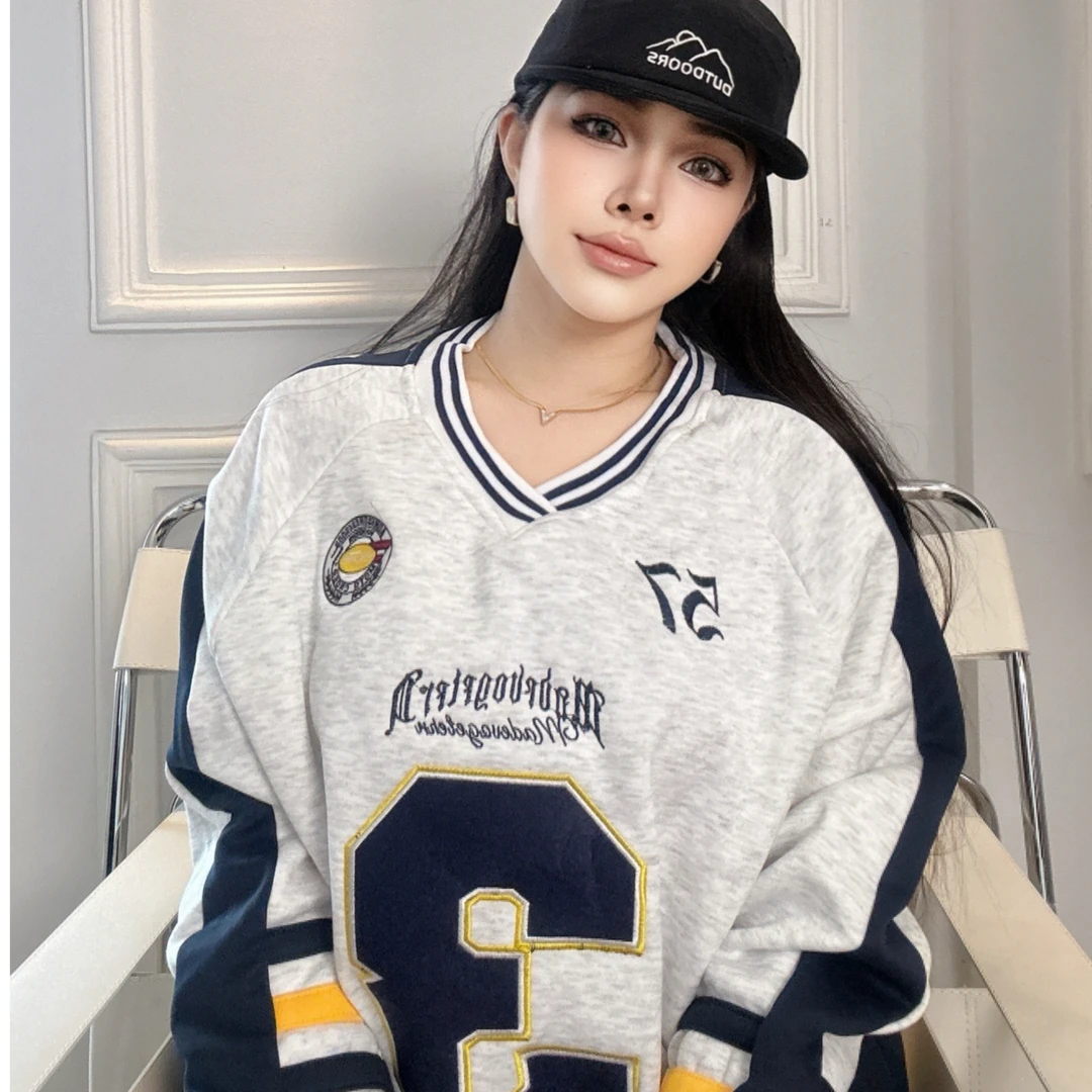 PLANET美式复古撞色学院藏蓝V领宽松卫衣女宽松运动上衣